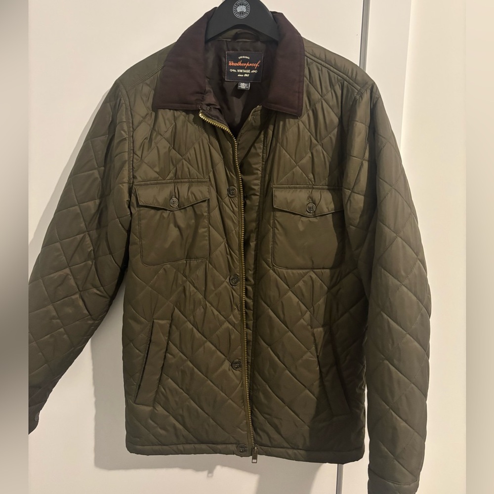 Vintage Olive Quilted Jacket with Brown Collar